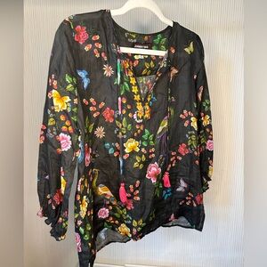 Johnny Was NWOT black blouse with floral design and linen fabric